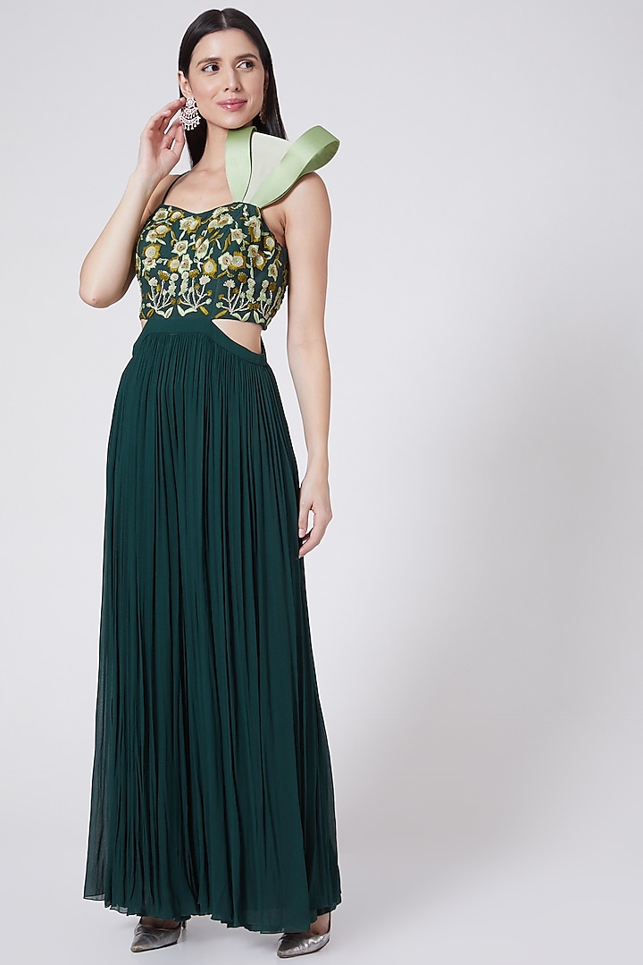 Bottle Green Embroidered Jumpsuit by Vedangi Agarwal