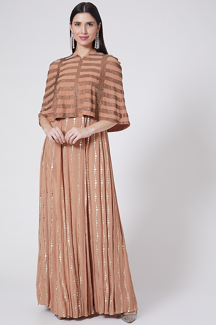 Nude Foil Printed & Embroidered Gown With Cape by Vedangi Agarwal