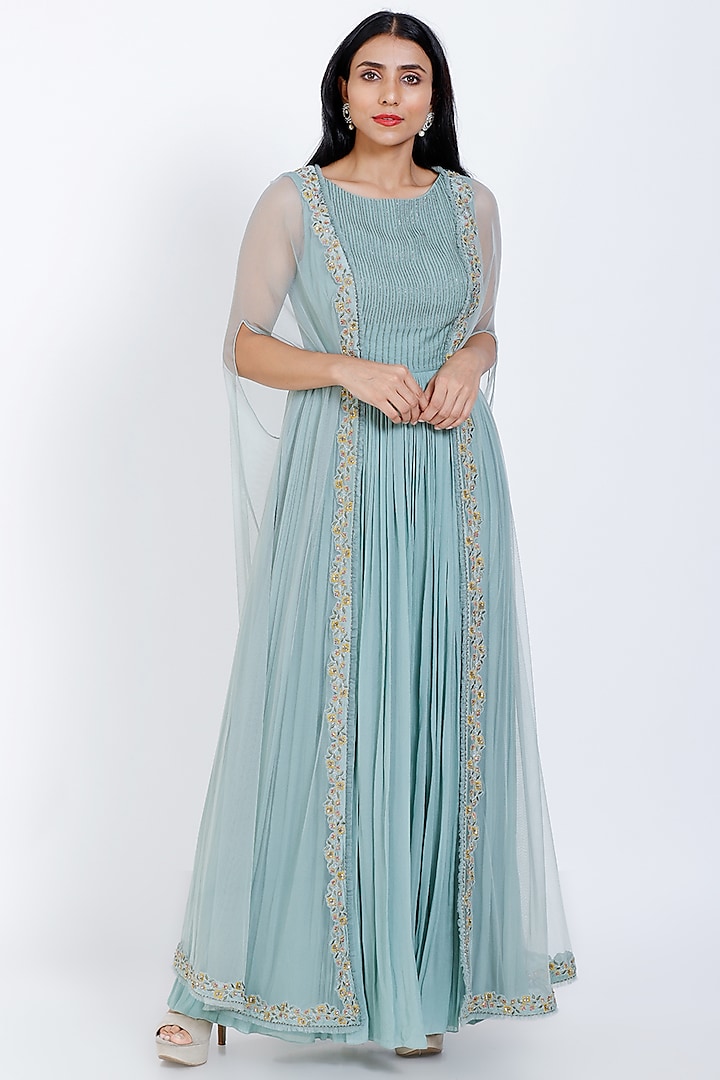 Powder Blue Embroidered Gown With Cape by Vedangi Agarwal