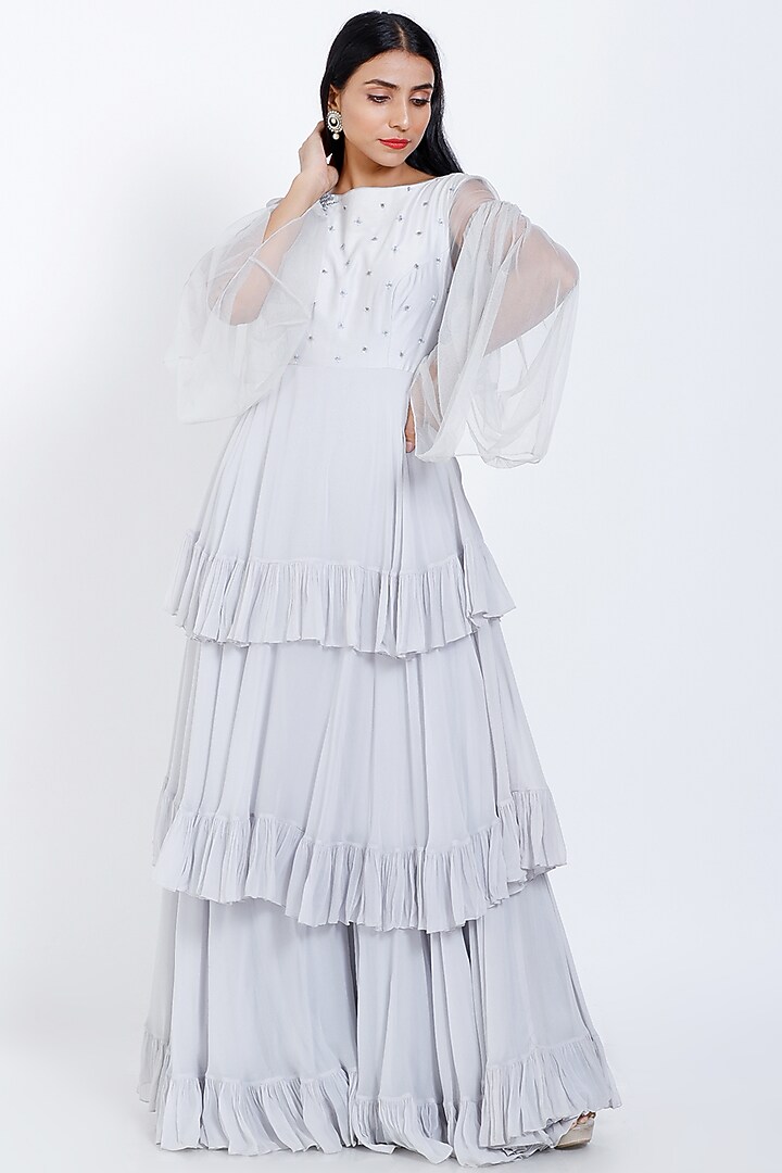 Ice Blue Embroidered Party Wear Gown by Vedangi Agarwal at Pernia's Pop Up Shop