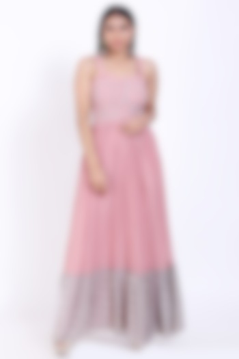 Raw Pink & Sugar Rose Embroidered Engagement Gown With Jacket by Vedangi Agarwal at Pernia's Pop Up Shop