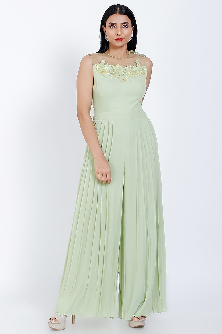 Lime Green Embroidered Jumpsuit by Vedangi Agarwal