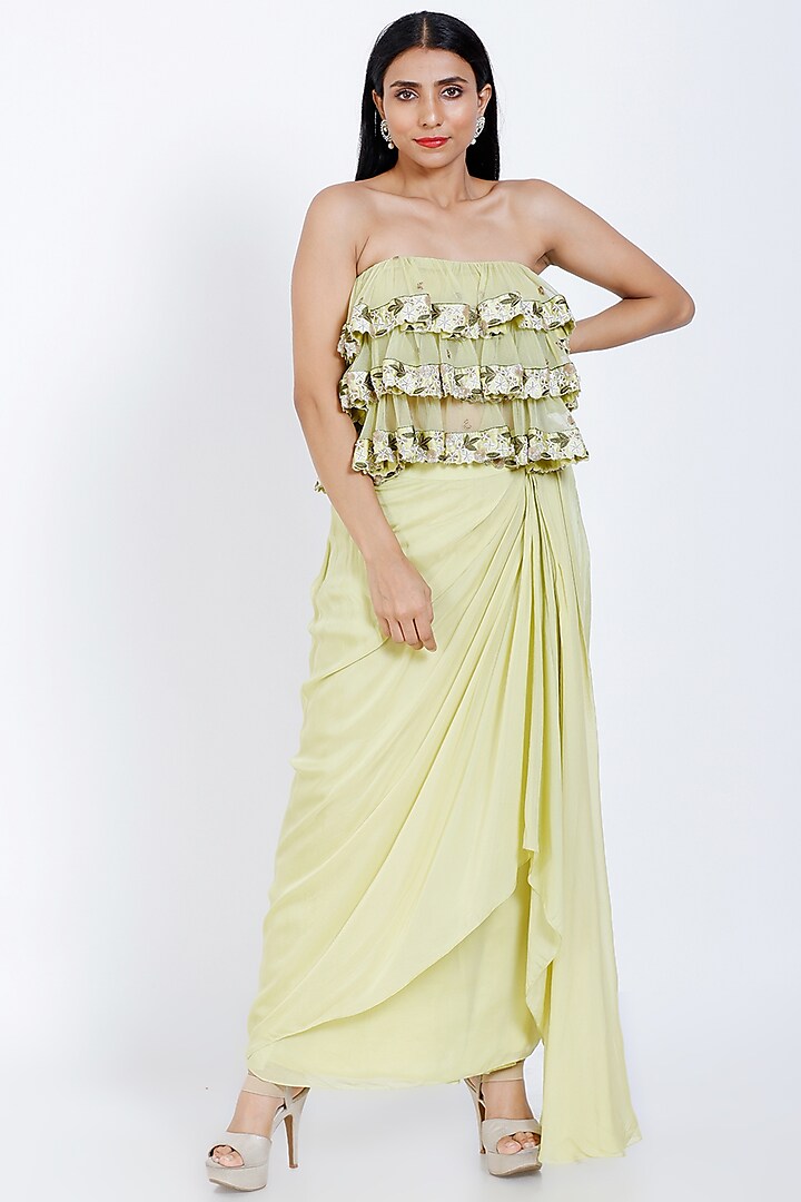 Lime Green Net Draped Skirt Set by Vedangi Agarwal