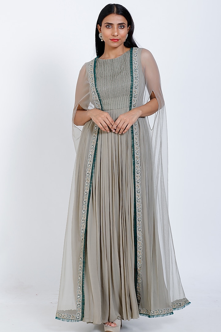 Light Mehendi Green Embroidered Gown With Cape  by Vedangi Agarwal