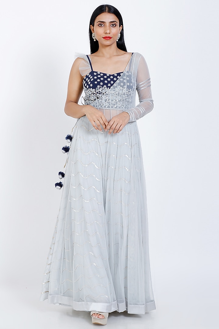 Powder Blue Chanderi jacket Set by Vedangi Agarwal at Pernia's Pop Up Shop