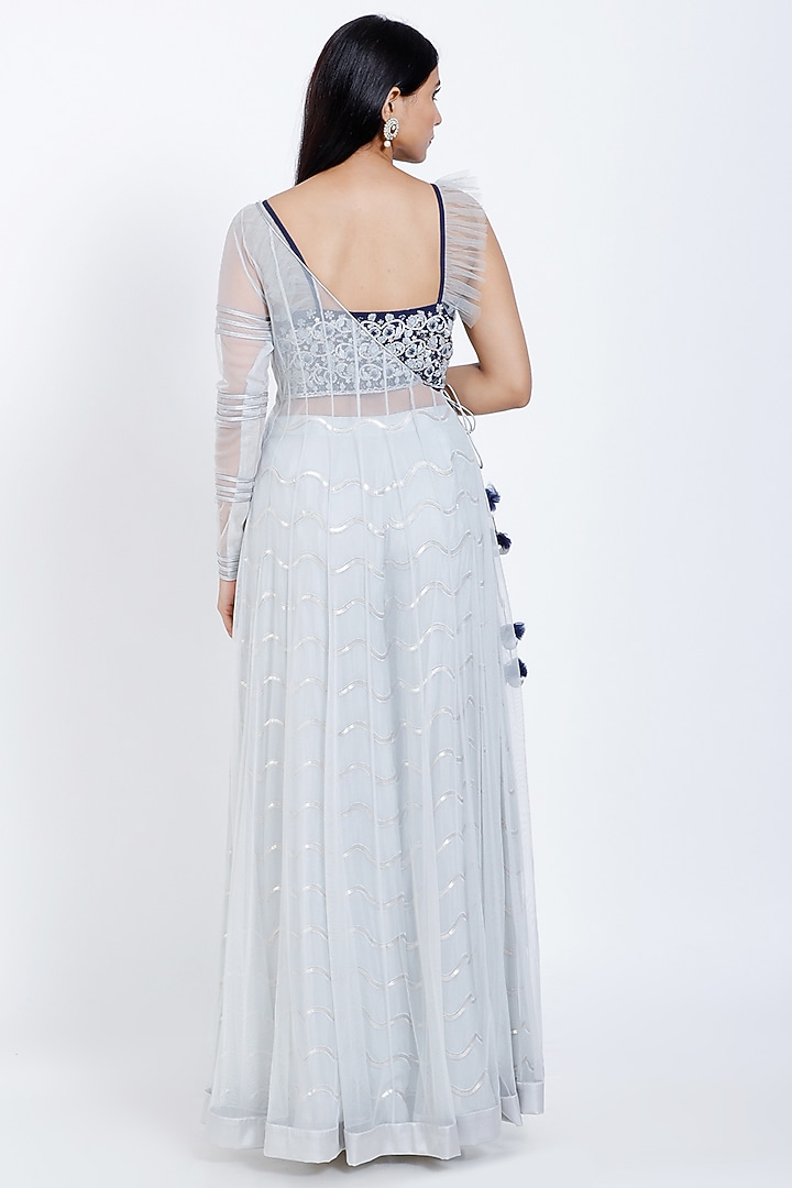 Powder Blue Chanderi jacket Set by Vedangi Agarwal at Pernia's Pop Up Shop