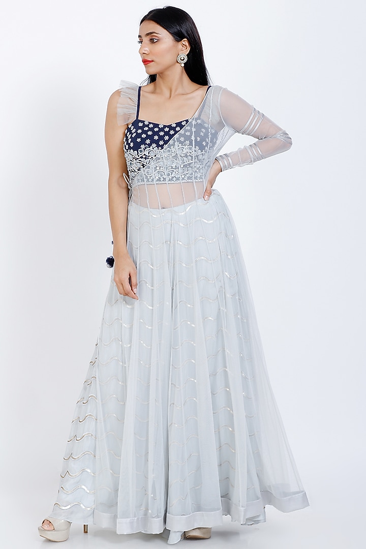 Powder Blue Chanderi jacket Set by Vedangi Agarwal at Pernia's Pop Up Shop
