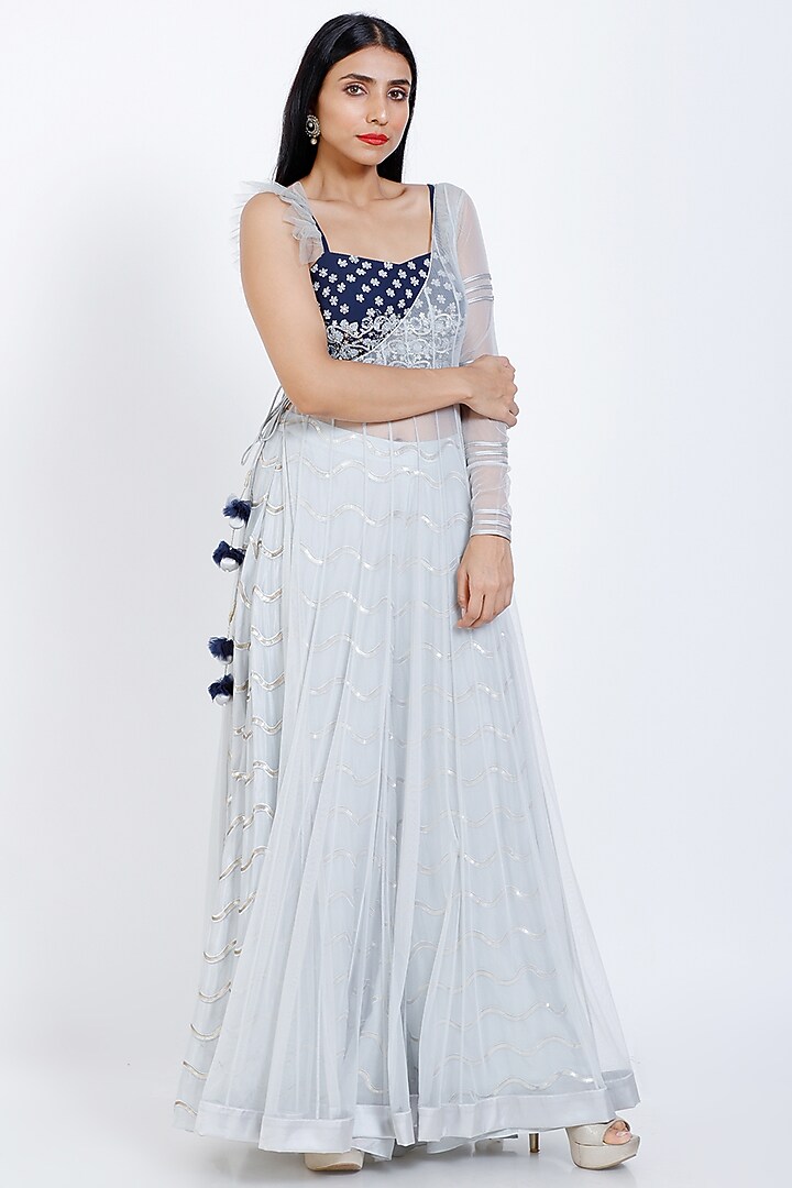 Powder Blue Chanderi jacket Set by Vedangi Agarwal at Pernia's Pop Up Shop