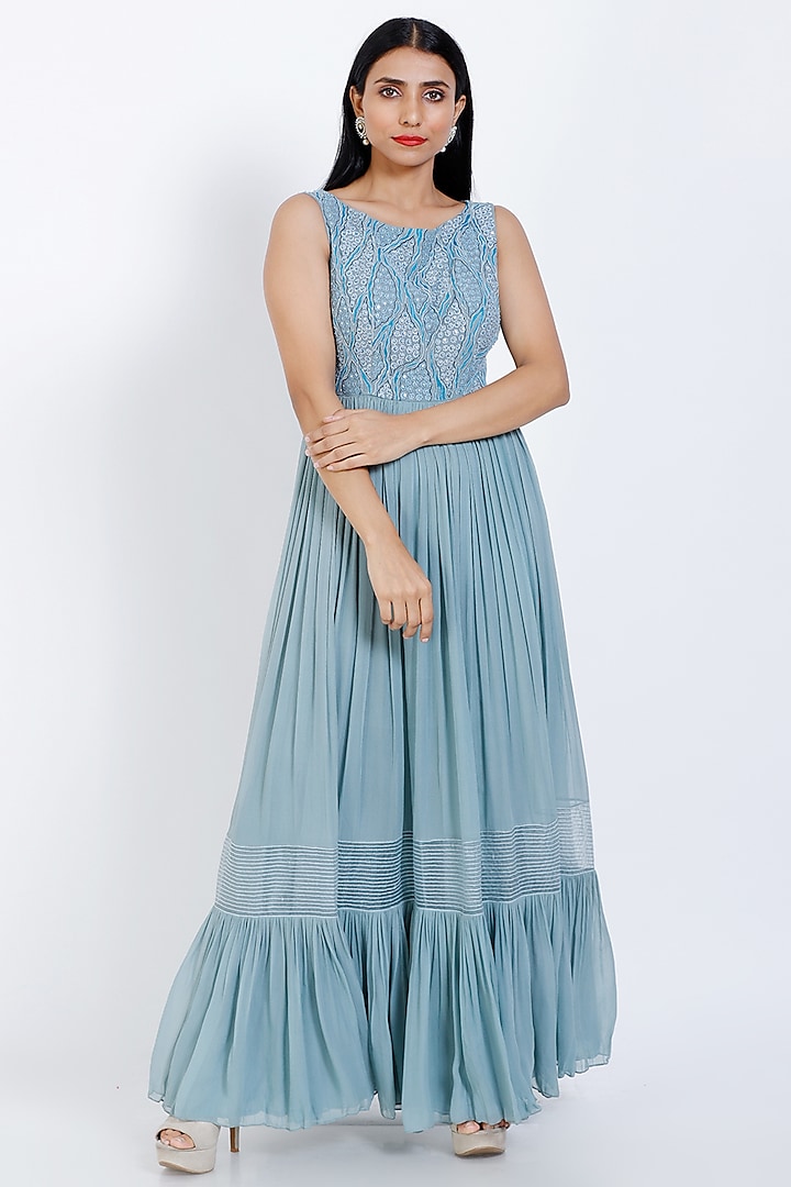 Yale Blue Embroidered Gathered Gown by Vedangi Agarwal