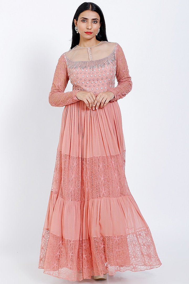 Pink Embroidered Gown by vedangi agarwal
