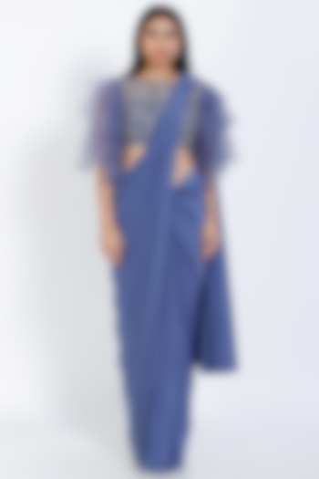 Steel Blue Lycra Draped Wedding Saree Set by vedangi agarwal at Pernia's Pop Up Shop