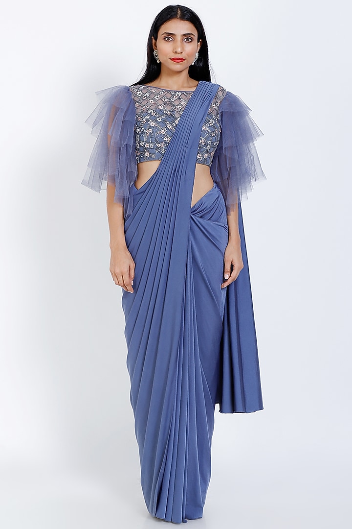 Steel Blue Lycra Draped Wedding Saree Set by vedangi agarwal at Pernia's Pop Up Shop