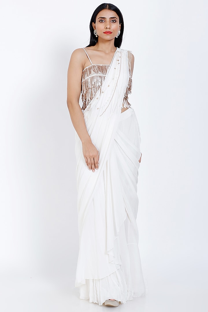 Off-White Crepe Draped Saree Set by vedangi agarwal