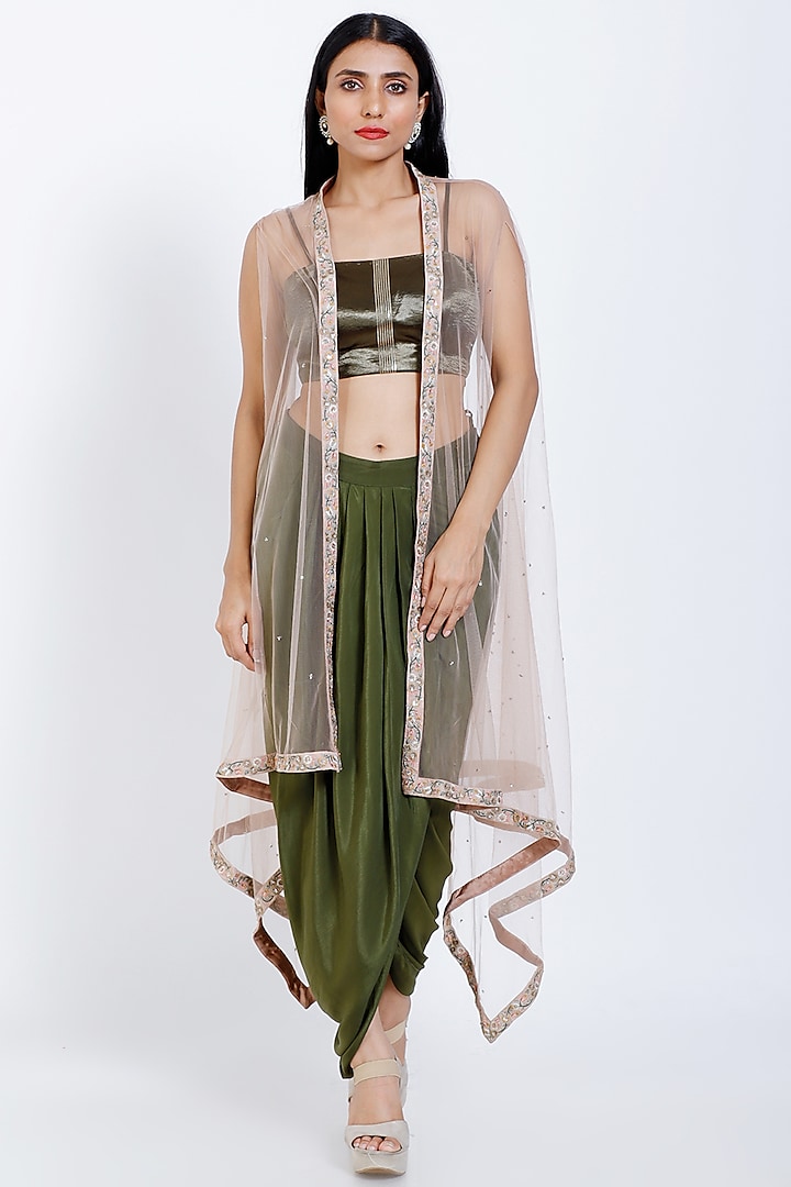 Mehendi Green Crepe Skirt Set by vedangi agarwal