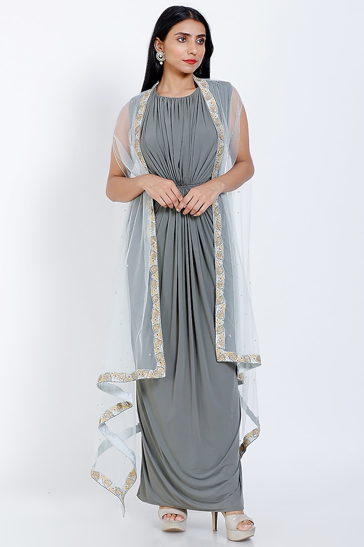 Grey Lycra Gown With Jacket by vedangi agarwal