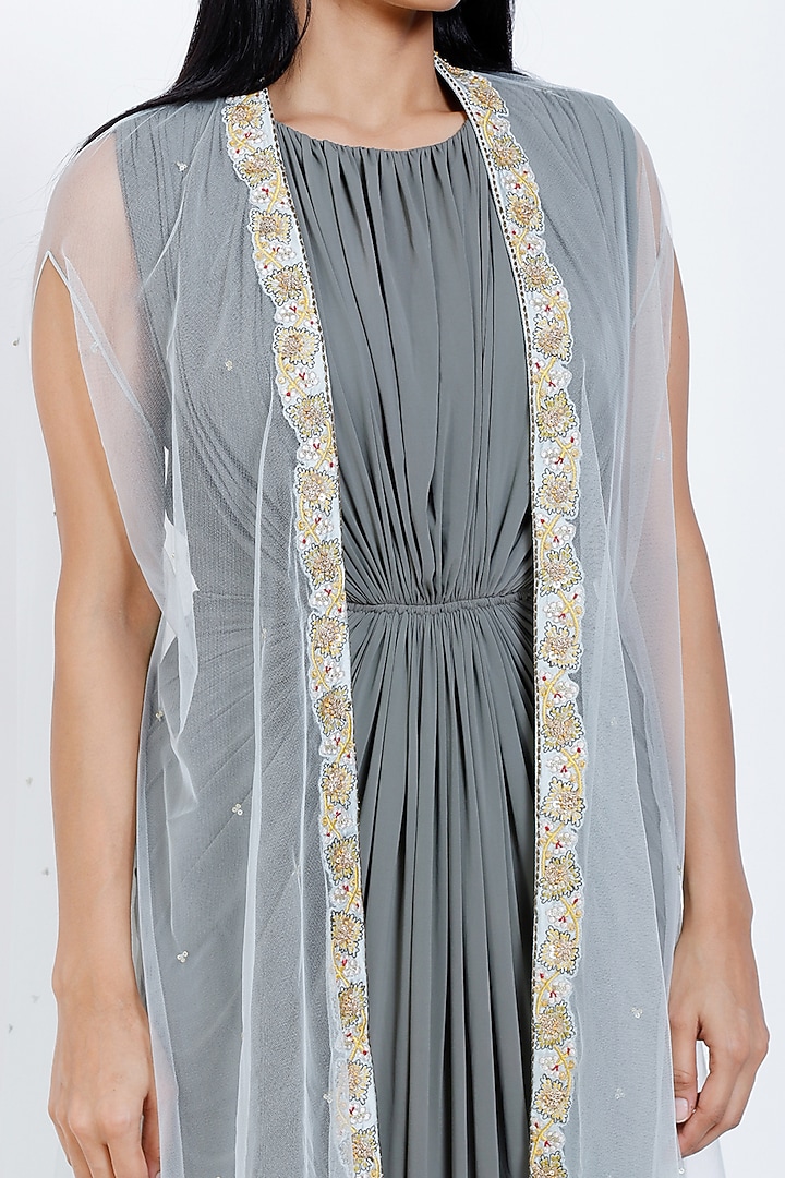 Grey Lycra Engagement Gown With Jacket by vedangi agarwal at Pernia's Pop Up Shop