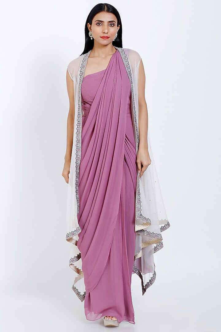 Lilac Georgette Draped Wedding Saree Set by vedangi agarwal at Pernia's Pop Up Shop