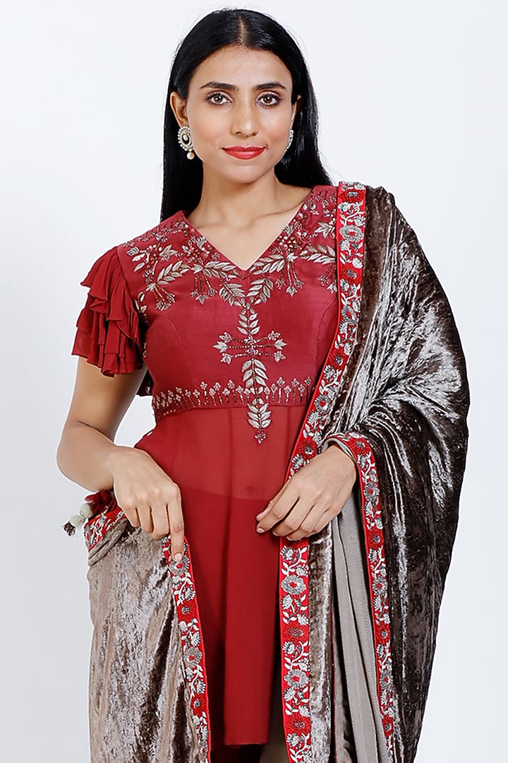 Umber Brown Embroidered Shawl by vedangi agarwal at Pernia's Pop Up Shop