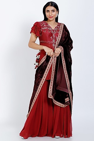 Wine Embroidered Shawl by vedangi agarwal