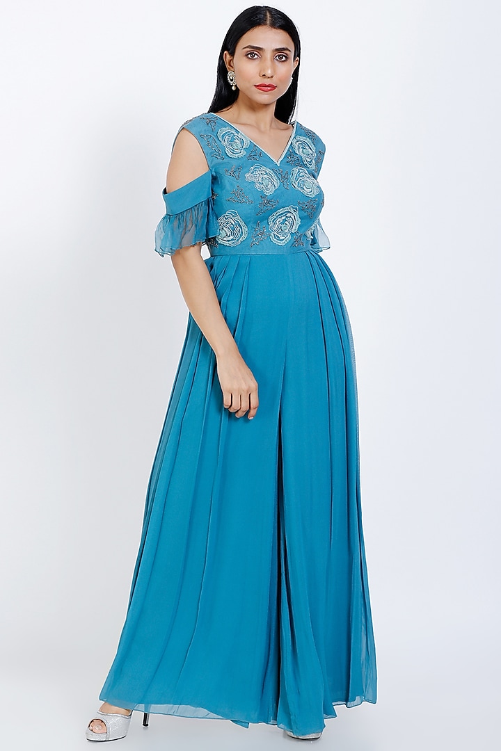 Blue Embroidered Jumpsuit by vedangi agarwal