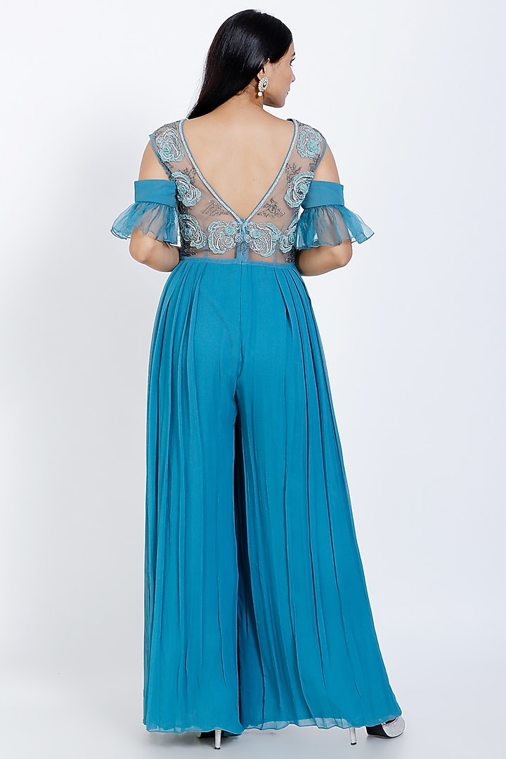 Blue Embroidered Jumpsuit by vedangi agarwal at Pernia's Pop Up Shop