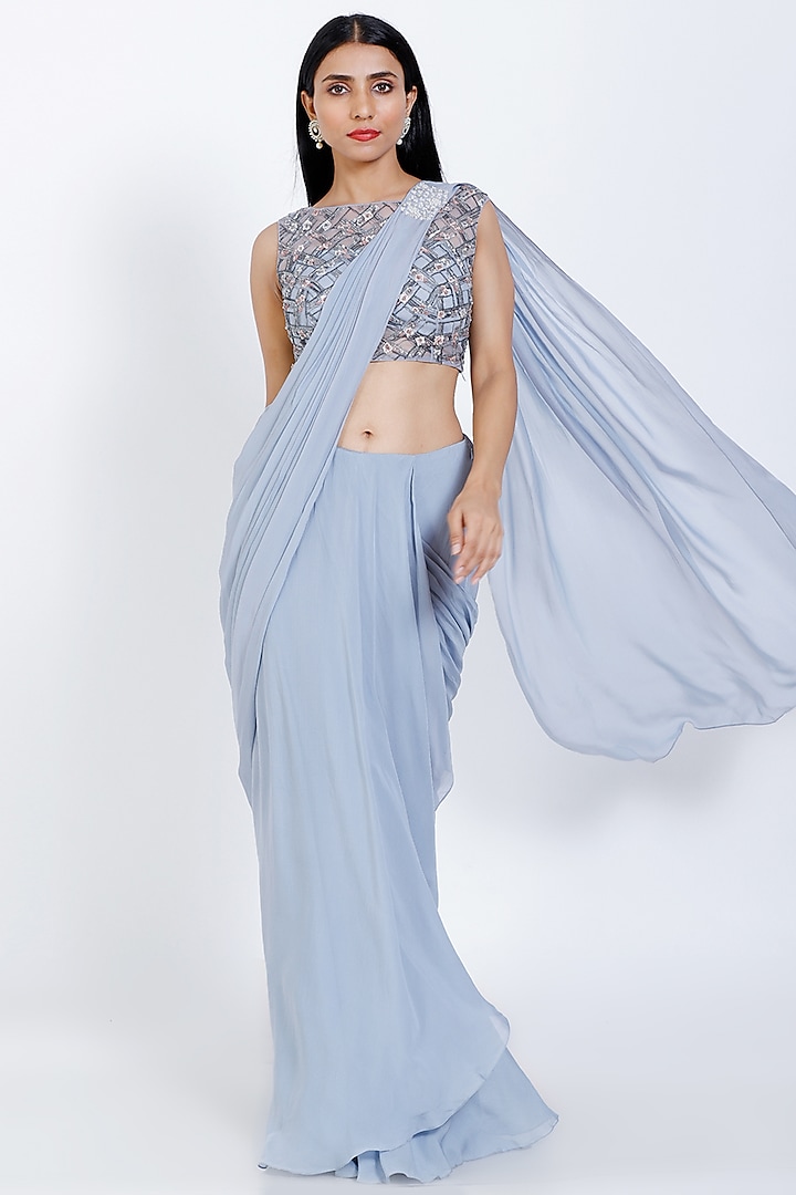 Light Blue Draped Saree Set by vedangi agarwal