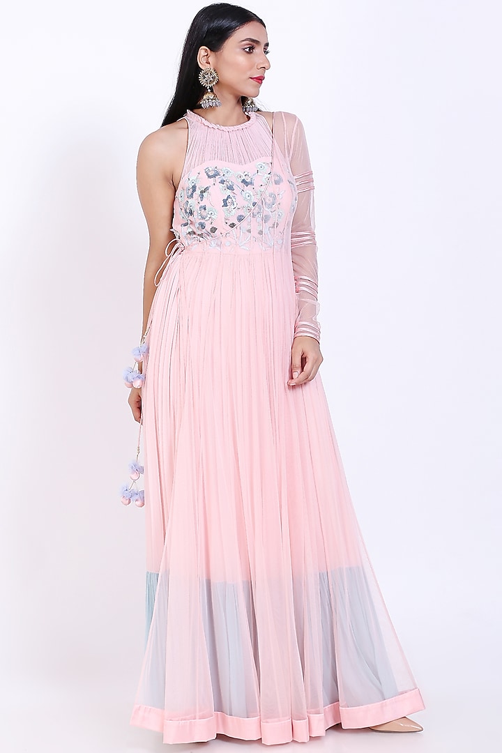 Light Flamingo Pink Embroidered Gown by vedangi agarwal
