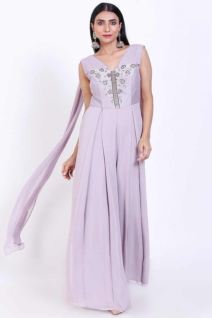 Lavender Embroidered Jumpsuit by vedangi agarwal