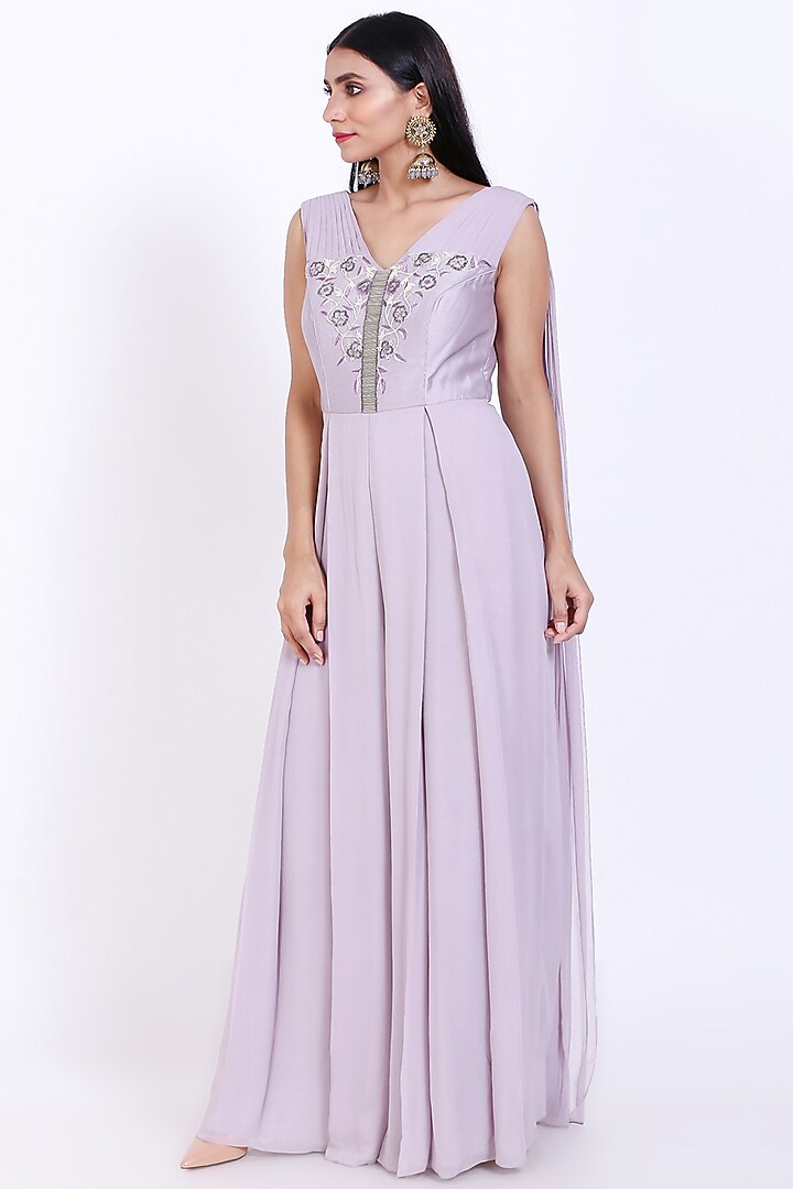 Lavender Embroidered Jumpsuit by vedangi agarwal at Pernia's Pop Up Shop