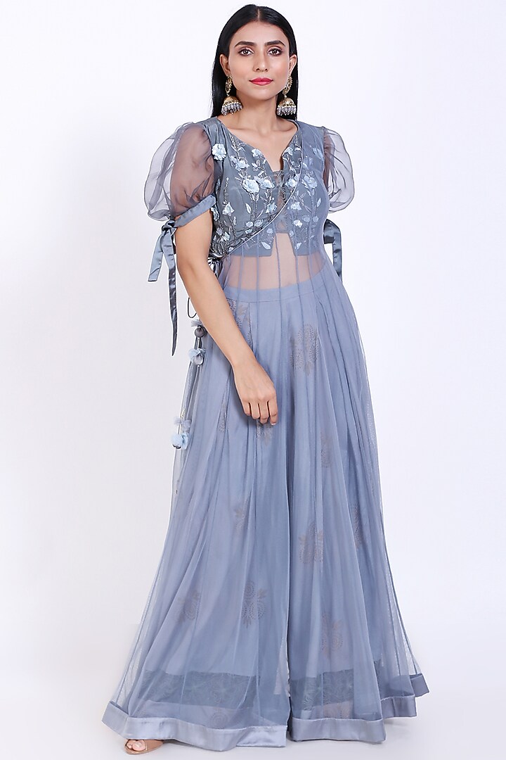 Grey Organza & Chinon Jacket Set by Vedangi Agarwal at Pernia's Pop Up Shop