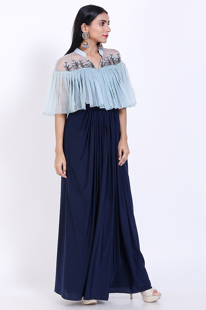Navy Blue Organza Pleated Gown by Vedangi Agarwal