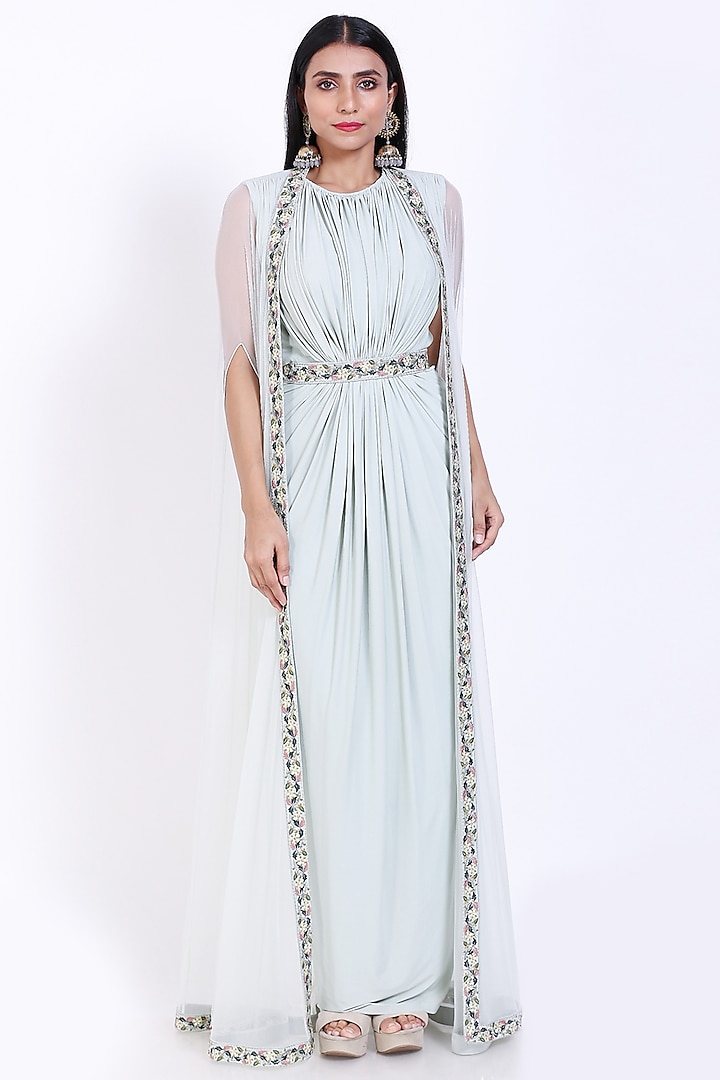 Mint Green Embroidered Gown With Cape by Vedangi Agarwal