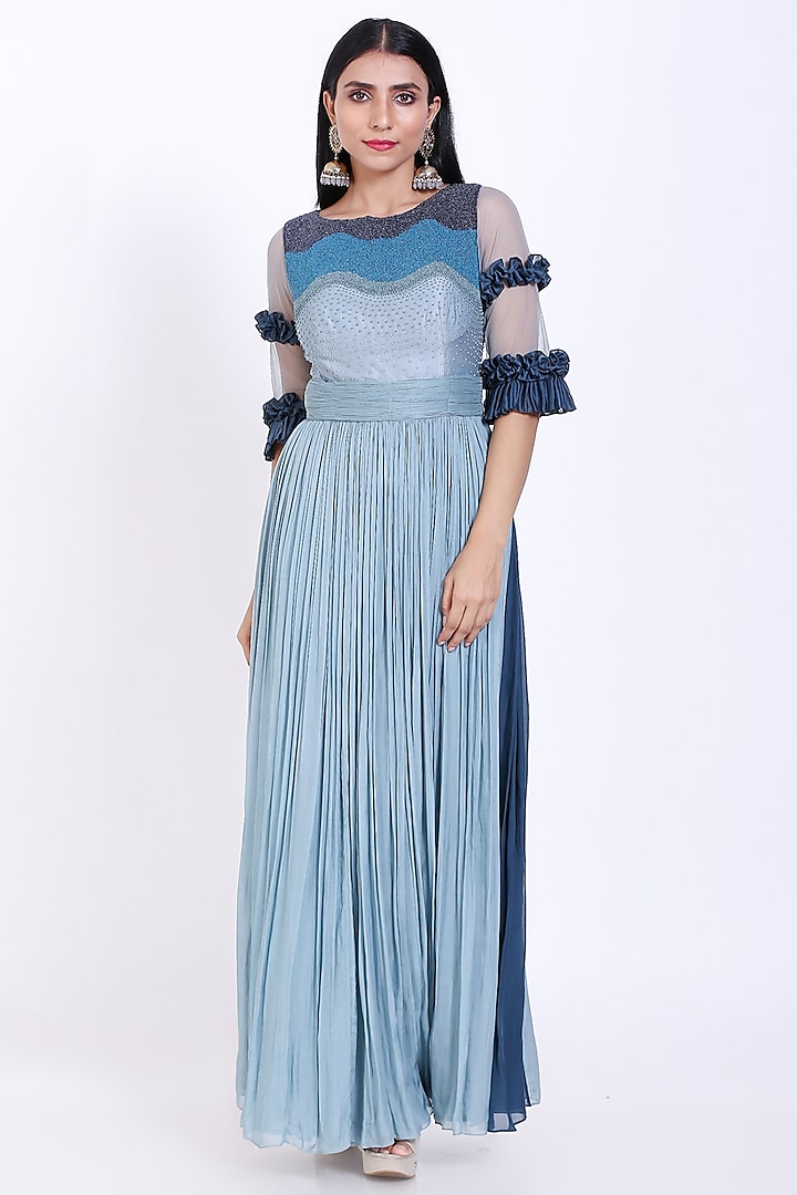 Blue Embroidered Gathered Gown by Vedangi Agarwal