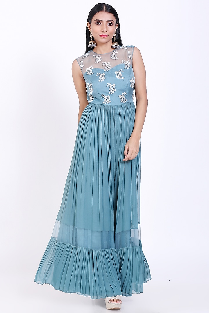 Sky Blue Embroidered Jumpsuit by Vedangi Agarwal