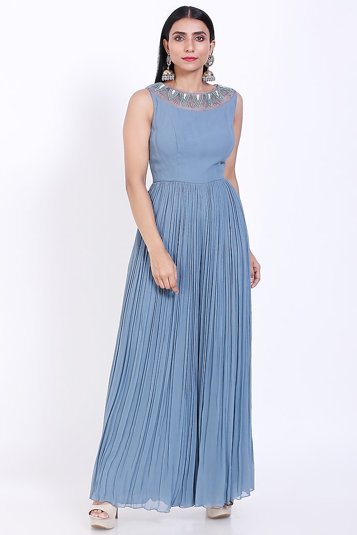 Light Stone Blue Embroidered Jumpsuit by Vedangi Agarwal