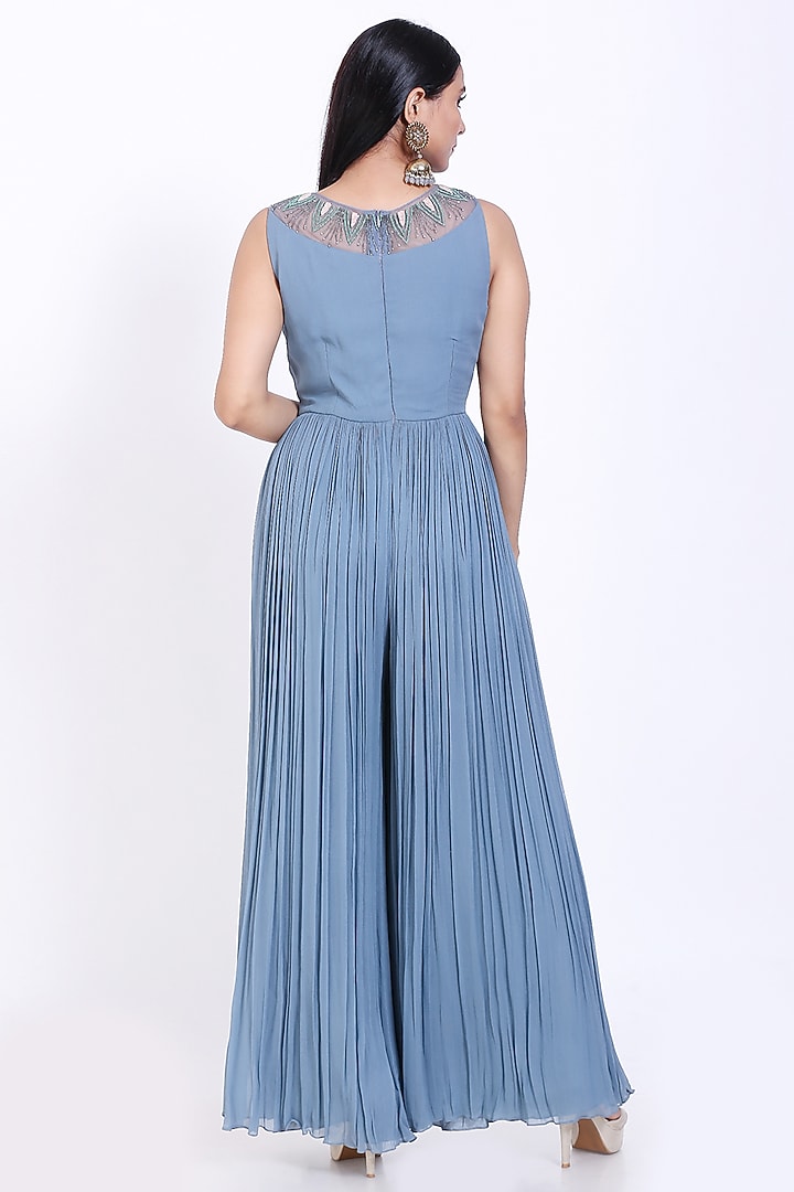 Light Stone Blue Embroidered Jumpsuit by Vedangi Agarwal at Pernia's Pop Up Shop