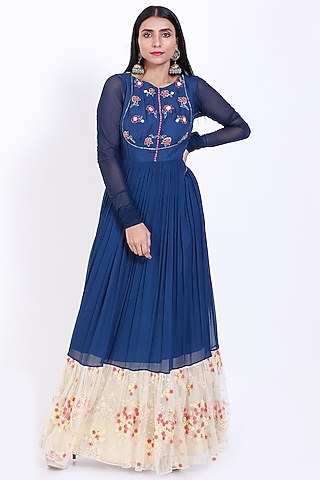 Dark Blue Embroidered Gathered Anarkali by Vedangi Agarwal