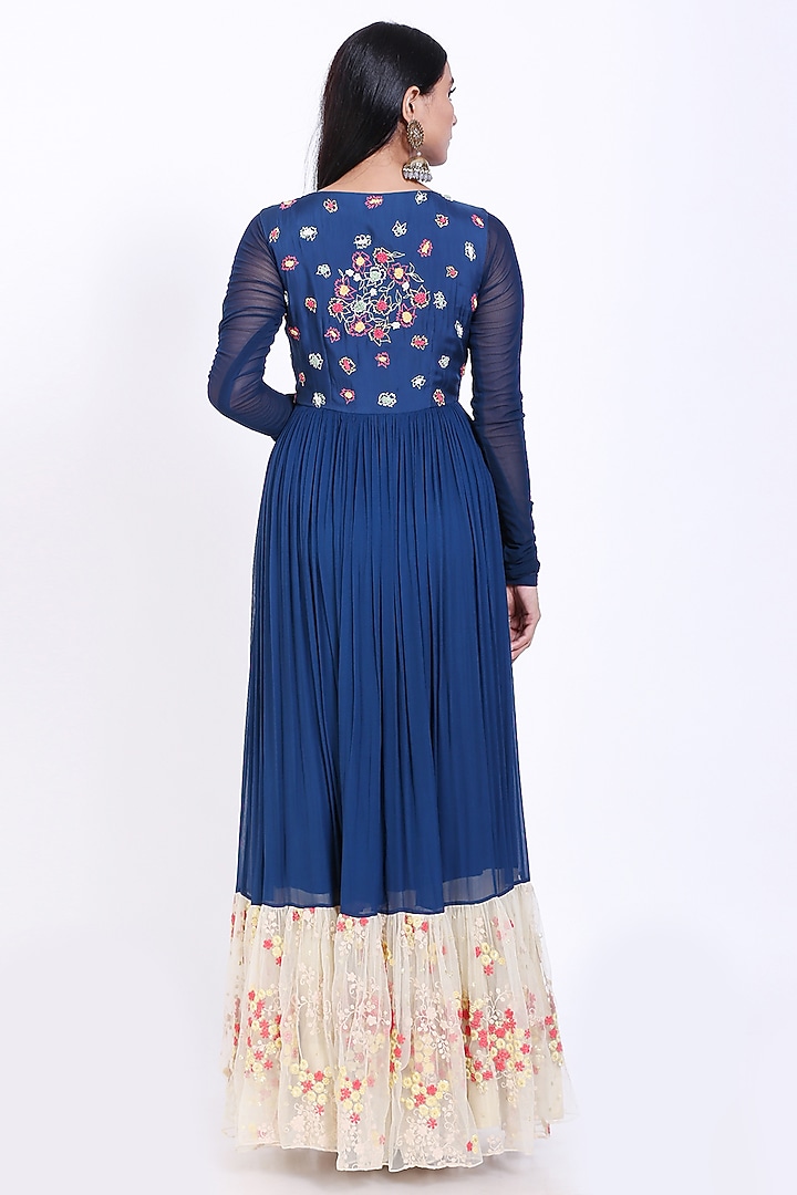 Dark Blue Embroidered Gathered Party Wear Anarkali by Vedangi Agarwal at Pernia's Pop Up Shop