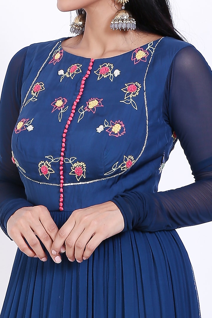 Dark Blue Embroidered Gathered Party Wear Anarkali by Vedangi Agarwal at Pernia's Pop Up Shop