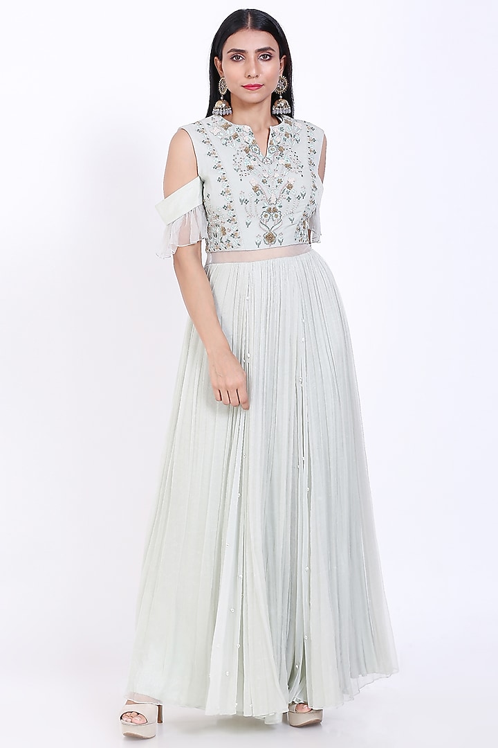 Mint Green Embroidered Gown by Vedangi Agarwal