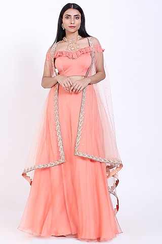 Light Orange Asymmetric Jacket Set by Vedangi Agarwal