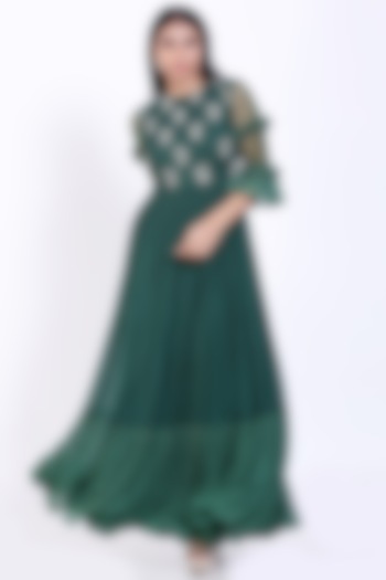 Bottle Green Embroidered Gathered Gown by Vedangi Agarwal