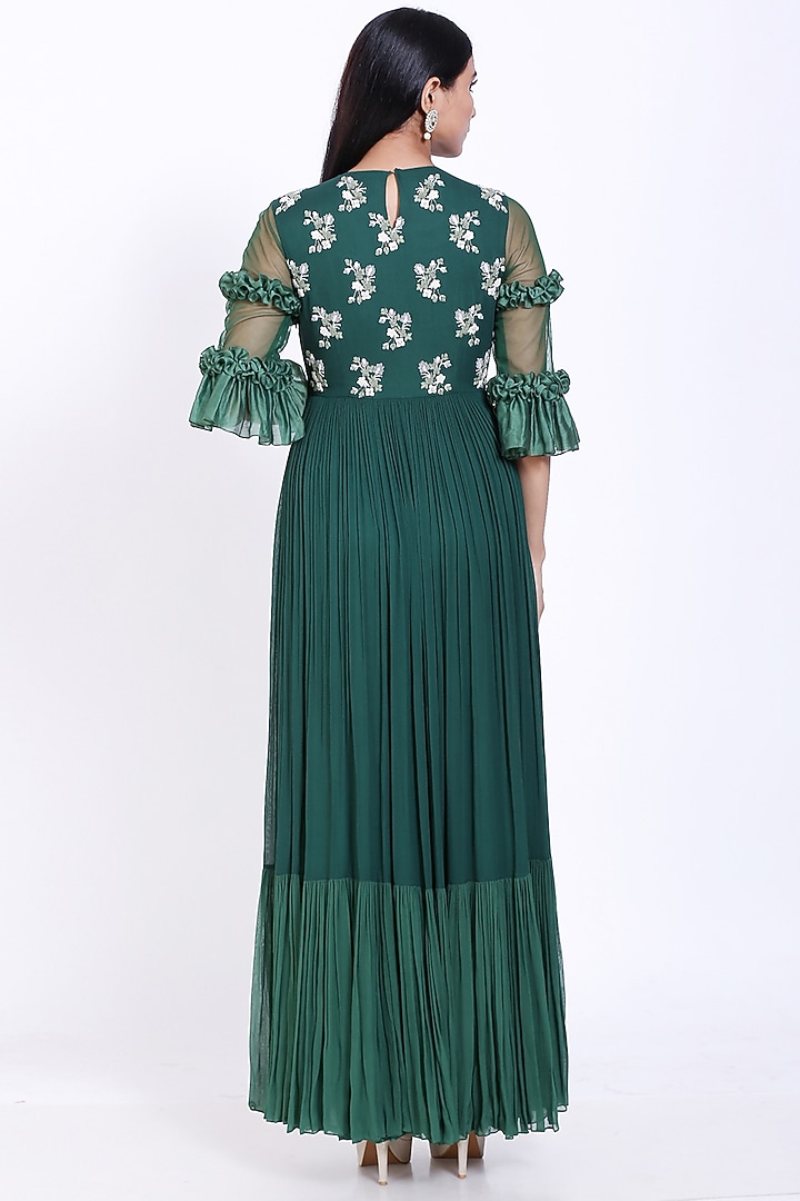 Bottle Green Embroidered Gathered Engagement Gown by Vedangi Agarwal at Pernia's Pop Up Shop