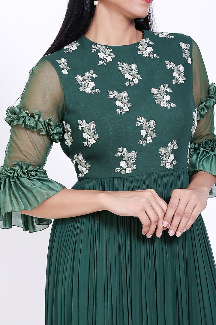 Bottle Green Embroidered Gathered Engagement Gown by Vedangi Agarwal at Pernia's Pop Up Shop