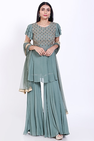 Teal Green Georgette Sharara Set by Vedangi Agarwal