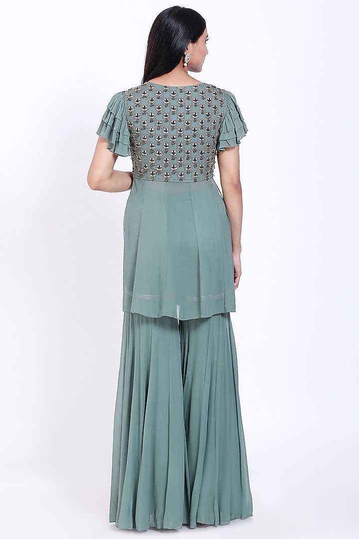 Teal Green Georgette Wedding Sharara Set by Vedangi Agarwal at Pernia's Pop Up Shop