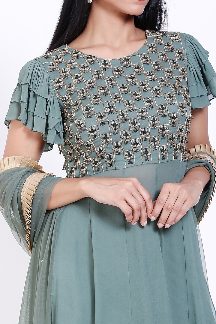 Teal Green Georgette Wedding Sharara Set by Vedangi Agarwal at Pernia's Pop Up Shop