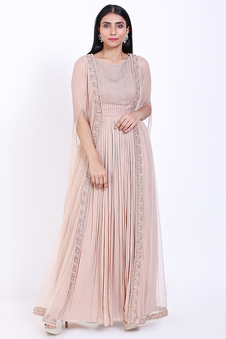 Peach Embroidered Gown With Cape by Vedangi Agarwal