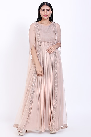 Peach Embroidered Gown With Cape by Vedangi Agarwal