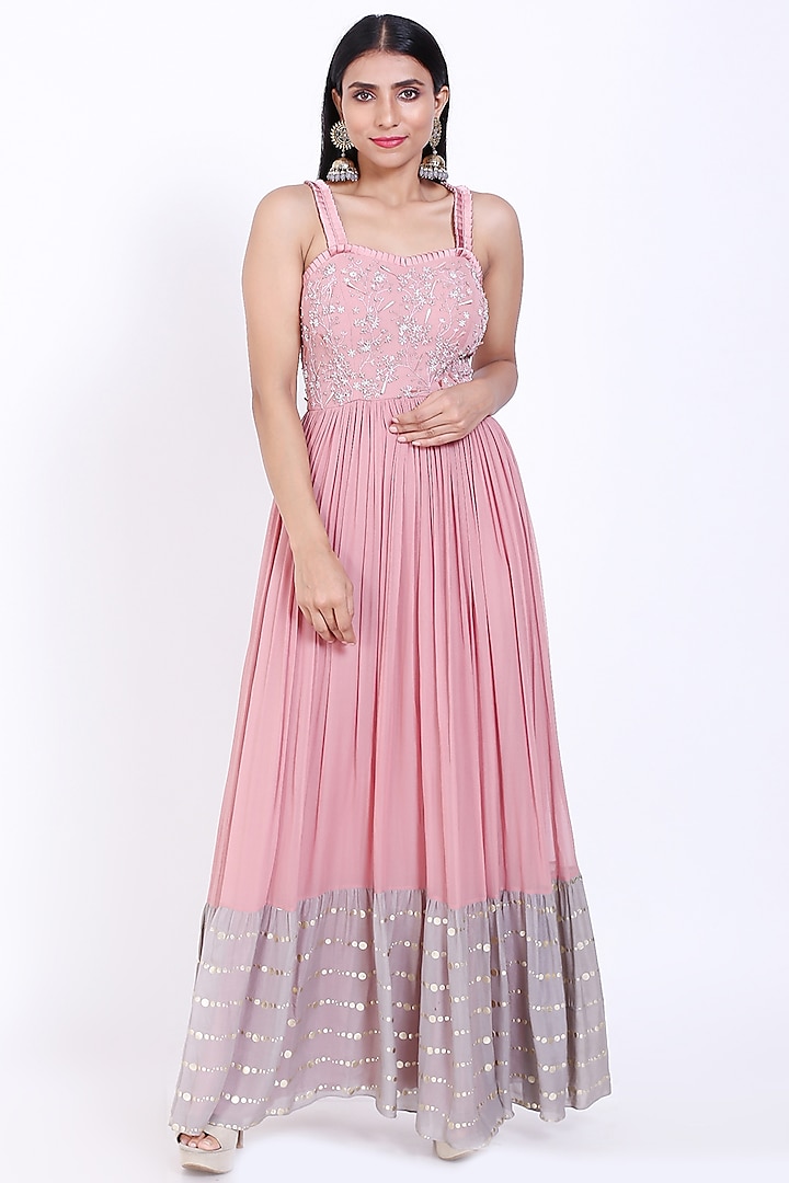 Blush Pink Embroidered Gown by Vedangi Agarwal